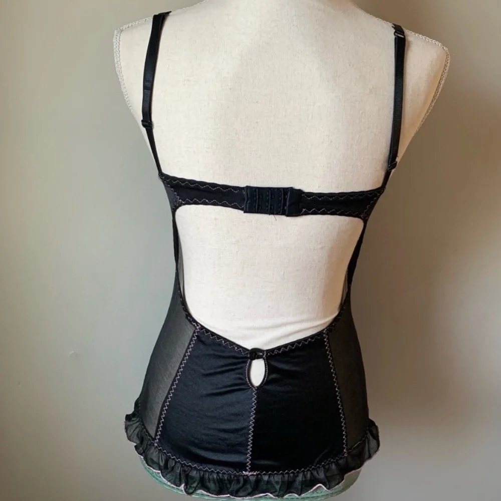 Vintage Y2K Black Satin Corset Style Slip w Pink Trim Set